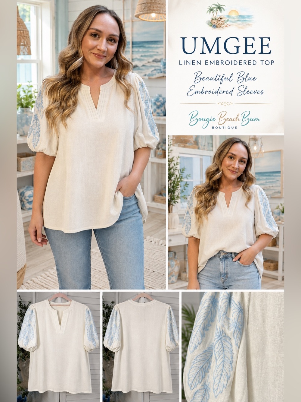Umgee Cream Linen Embroidered Top with Blue embroidery Sleeves